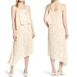 Lewit Asymmetrical Floral Midi Dress 14 Yellow‎ Peach Spaghetti Strap Ruffle